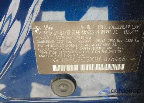 2011 BMW 535I xDrive из США, поврежденный, VIN WBAFU7C5XBC878466